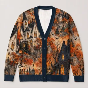 Haunted Village Pumpkin Moonlit Scene For Halloween Nights And Autumn Gatherings All-over Print Knitted Cardigan