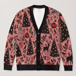 Pink Gothic Holiday Deer And Christmas Tree Motifs For Festive Everyday Layering For Women All-over Print Knitted Cardigan