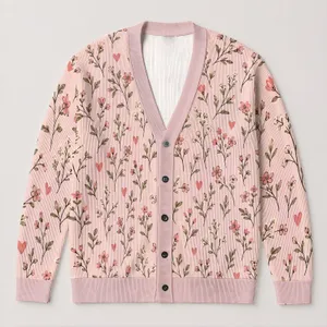Light Pink Floral Heart Layering Style for Romantic Everyday Outfits, Women’s Cozy Wardrobe All-over Print Knitted Cardigan