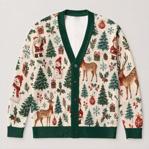 Festive Reindeer Christmas Trees and Santa Holiday Cheer for Women’s Winter Layering All-over Print Knitted Cardigan