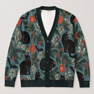 Black Cat Evergreen Ornaments For Cozy Holiday Layering, Women’s Winter Wardrobe All-over Print Knitted Cardigan