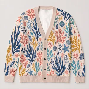 Hand-Drawn Coral Sea Motifs for Coastal Everyday Layering, Ocean-Loving Women Style All-over Print Knitted Cardigan