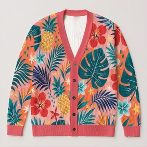 Tropical Hibiscus Palm Leaf Motifs for Resort Layering and Casual Weekends for Women All-over Print Knitted Cardigan