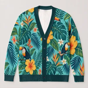 Tropical Toucan Hibiscus Leaves for Resort Weekends and Everyday Layering for Women All-over Print Knitted Cardigan
