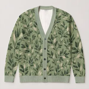 Sage Green Botanical Leaves for Relaxed Everyday Layering and Nature-Loving Women All-over Print Knitted Cardigan