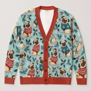 Pug Dogs in Cozy Winter Sweaters for Holiday Layering and Cheerful Everyday Style All-over Print Knitted Cardigan