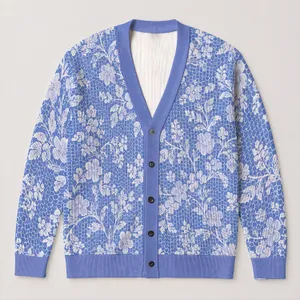 Blue White Floral Lace Honeycomb Motif for Everyday Layering and Fall Gatherings Women All-over Print Knitted Cardigan