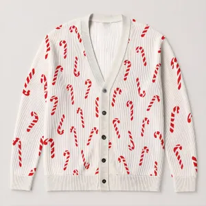 Red Candy Cane Motifs for Cozy Winter Gatherings, Holiday Parties, and Casual Family Style All-over Print Knitted Cardigan