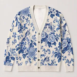 Blue Chinoiserie Cats and Peonies for Cozy Everyday Layering, Giftable for Cat Lovers All-over Print Knitted Cardigan