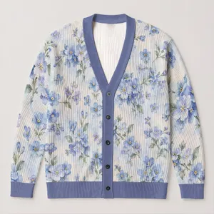 Blue Lavender Floral Layering Style For Spring Outings And Relaxed Everyday Wardrobes All-over Print Knitted Cardigan
