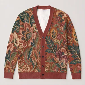 Bohemian Terracotta Botanical Motifs for Relaxed Office and Weekend Layering Style All-over Print Knitted Cardigan