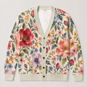 Watercolor Garden Blooms for Spring Commuting and Weekend Outings, Women’s Everyday Style All-over Print Knitted Cardigan