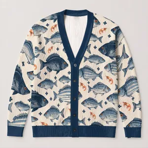 Blue Fish Motif Ocean Style For Casual Coastal Layering Women's Everyday Weekend Wear All-over Print Knitted Cardigan