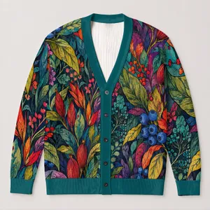 Colorful Botanical Leaves, Berries And Flowers For Relaxed Everyday Layering Style All-over Print Knitted Cardigan