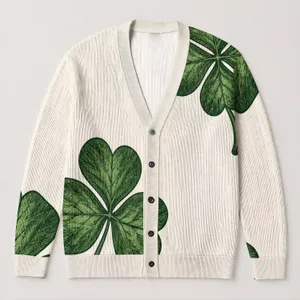 Green Four Leaf Clover Motifs for Relaxed Everyday Layering Through Spring Outings All-over Print Knitted Cardigan