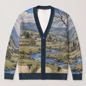 Sheep Countryside Landscape Blue Autumn Weekend Layering Outfit For Women At Home All-over Print Knitted Cardigan
