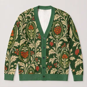 Moss Green Botanical Medallions for Cozy Autumn Layering and Everyday Women's Style All-over Print Knitted Cardigan