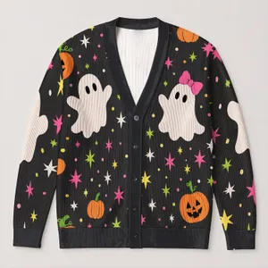 Cute Ghosts, Pumpkins And Colorful Stars For Halloween Casual Layering, Women’s Autumn All-over Print Knitted Cardigan