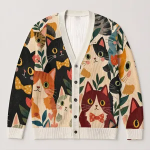 Colorful Cat Family Motifs for Cozy Autumn Layering, Playful Gifts for Cat Lovers All-over Print Knitted Cardigan