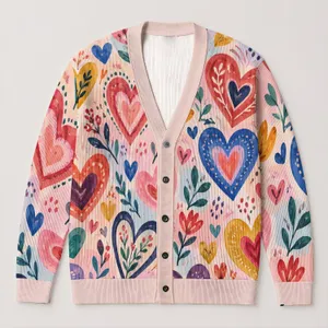 Colorful Hand-Painted Hearts for Cheerful Everyday Layering, Women’s Romantic Style All-over Print Knitted Cardigan