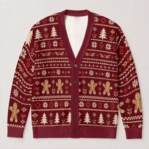 Festive Burgundy Gingerbread Christmas Trees Nordic Holiday Style For Winter Layering All-over Print Knitted Cardigan