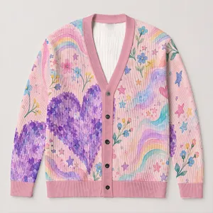 Pastel Purple Heart Rainbow Stars for Cozy Autumn Layering and Weekend Outings All-over Print Knitted Cardigan