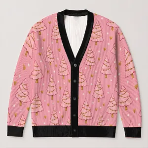 Pink Christmas Trees With Golden Hearts For Festive Layering And Cozy Holiday Style All-over Print Knitted Cardigan