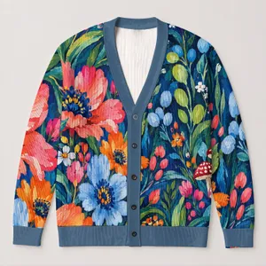 Colorful Wildflower And Mushroom Motifs For Creative Casual Layering And Office Wear All-over Print Knitted Cardigan