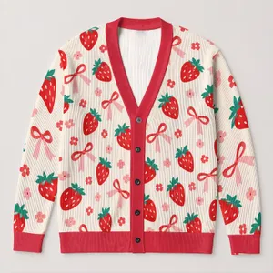 Strawberry Bow Floral Style For Casual Vacation Days And Charming Everyday Looks All-over Print Knitted Cardigan