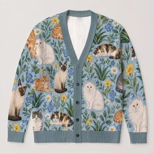 Whimsical Cat Garden Motifs for Cozy Autumn Layering and Relaxed Everyday Feline Lover Style All-over Print Knitted Cardigan