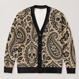 Paisley Skull Motifs for Autumn Vacations and Casual Layering, Women's Style All-over Print Knitted Cardigan