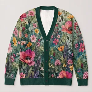 Colorful Wildflower Meadow Blooms for Autumn Vacation Layering and Everyday Women's Style All-over Print Knitted Cardigan