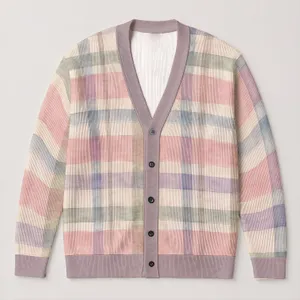 Pastel Plaid Lavender Blush Layers for Autumn Travel and Everyday Women's Soft Layering Style All-over Print Knitted Cardigan
