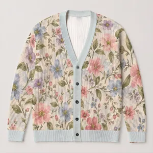 Pastel Floral Botanical Blooms for Spring Holidays and Romantic Garden Weekend Wear All-over Print Knitted Cardigan