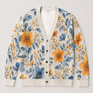 Blue And Orange Wildflowers For Spring Outings And Casual Dates, Women's Everyday Style All-over Print Knitted Cardigan