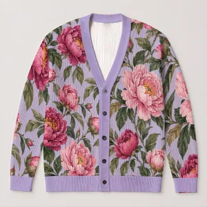 Lavender Peony Blooms for Spring Vacation and Date Days, Feminine Floral Style for Women All-over Print Knitted Cardigan