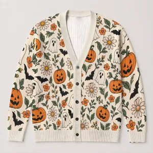 Pumpkin Ghost Bat Floral Halloween Cheer For Cozy Autumn Layering Women And Friends All-over Print Knitted Cardigan