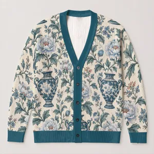 Blue Floral Urns and Peonies for Elegant Everyday Layering, Women’s Botanical Style All-over Print Knitted Cardigan