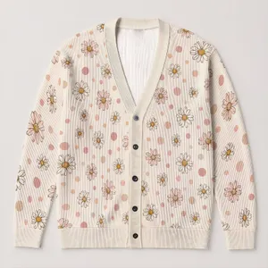 Cream Daisy Polka Dot Motif for Spring Vacations, Date Nights, and Everyday Layering All-over Print Knitted Cardigan