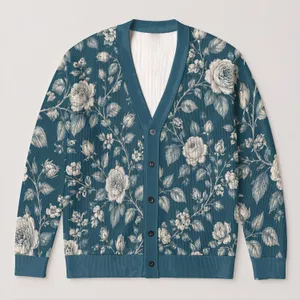 Vintage Teal Rose Botanical Motif for Spring Layering and Everyday Cottagecore Style All-over Print Knitted Cardigan