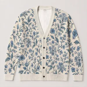Blue Botanical Wildflower Motifs for Everyday Layering and Casual Women's Wardrobe Style All-over Print Knitted Cardigan