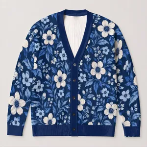 Navy Blue Daisy Floral Garden Style For Spring And Fall Everyday Layering Women’s Gift All-over Print Knitted Cardigan