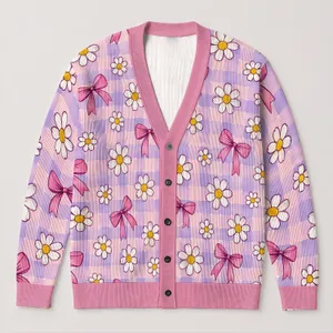 Pink Daisy Bow Checkered Floral Style for Cheerful Everyday Layering and Gifting All-over Print Knitted Cardigan