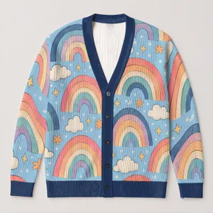 Rainbow Arches and Clouds for Cheerful Everyday Layering, Plus Size Women's Style All-over Print Knitted Cardigan