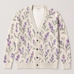 Lavender Wildflower Sprigs for Cottage Garden Style and Everyday Layering for Women All-over Print Knitted Cardigan