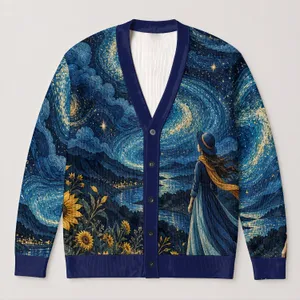 Moonlit Wanderer Under Indigo Skies for Relaxed Layering, Travel Days, and Strolls All-over Print Knitted Cardigan