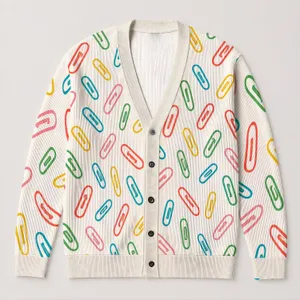 Colorful Paperclip Motifs for Creative Casual Layering and Office Style for Modern Women All-over Print Knitted Cardigan
