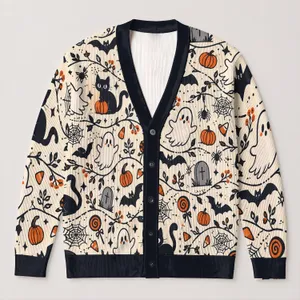 Cute Halloween Ghosts, Black Cats and Candy Corn for Cozy Autumn Layering Style for Women All-over Print Knitted Cardigan