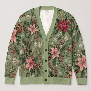 Sage Green Christmas Florals And Ornaments For Festive Outings And Holiday Gatherings All-over Print Knitted Cardigan