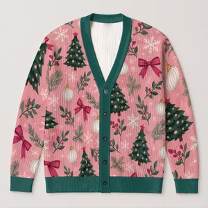 Pink Christmas Trees, Bows and Snowflakes for Holiday Gatherings and Cozy Layering All-over Print Knitted Cardigan